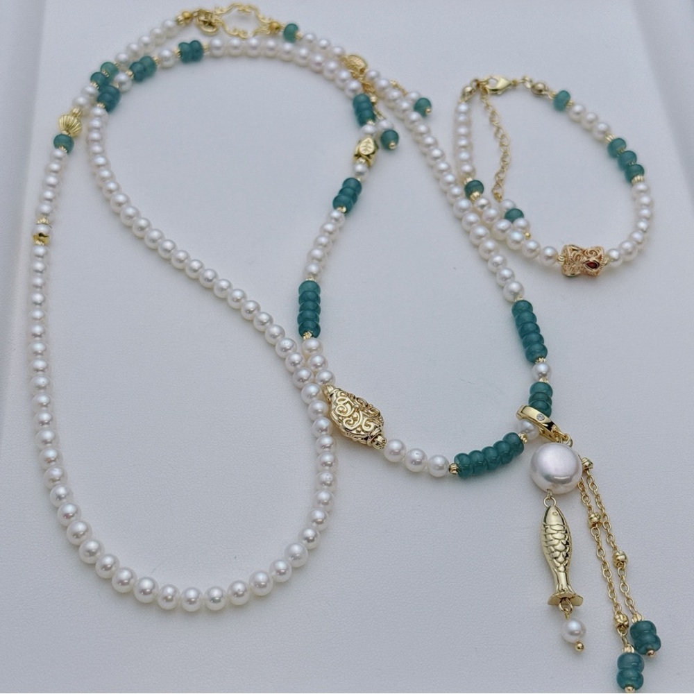 X668 Handmade High Quality Freshwater Pearl Jade Long Necklace and Bracelet Set - Picture 5 of 11